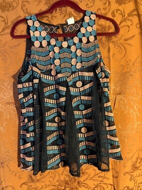 Ademi + Kin Anthropologie Blue Black Orange Tank w/ Embroidered Mesh Overlay SzL